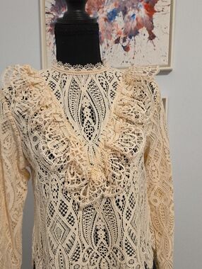 Zara Cream Lace Ruffle High-Neck Blouse